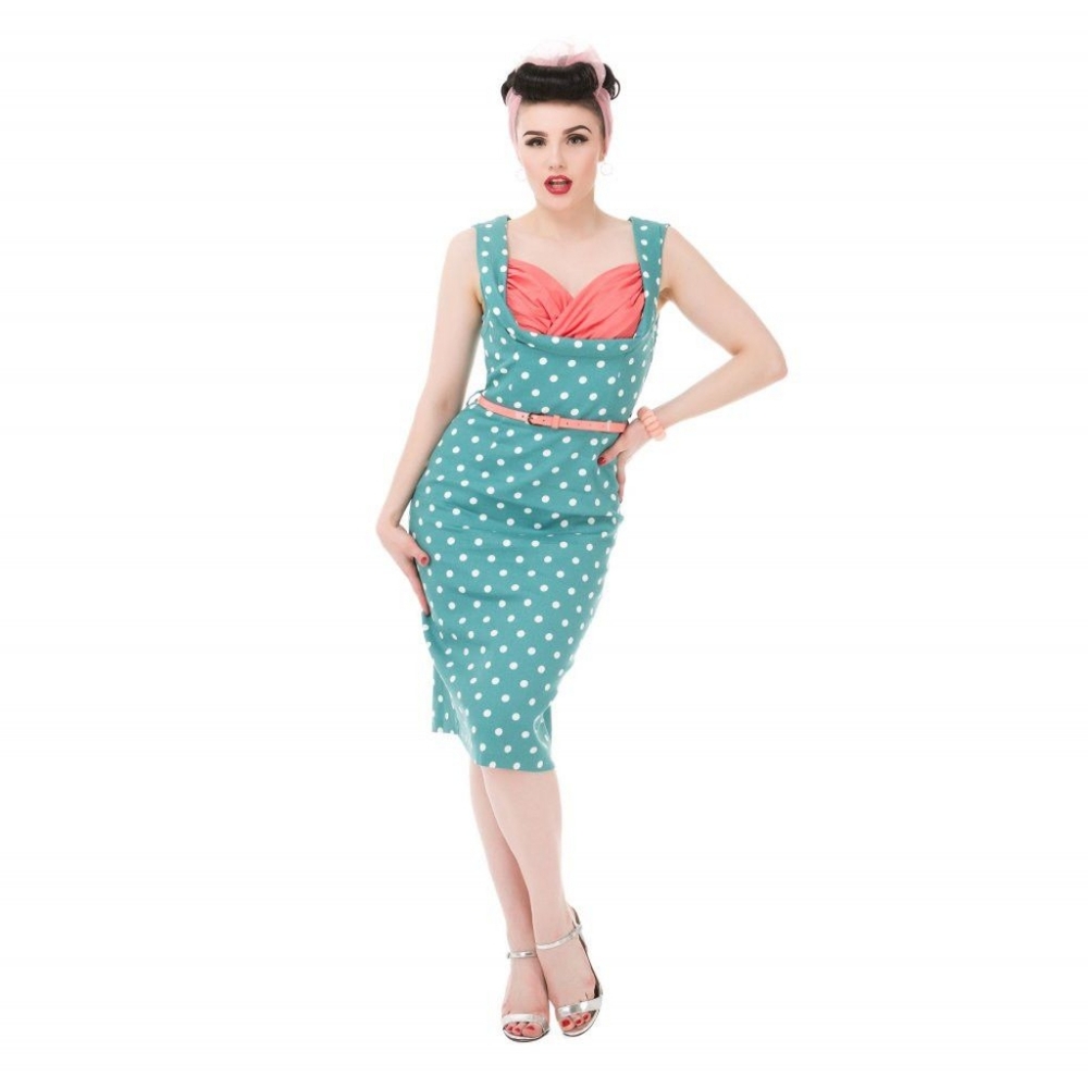 Lindy Bop wiggle polkadot dress teal